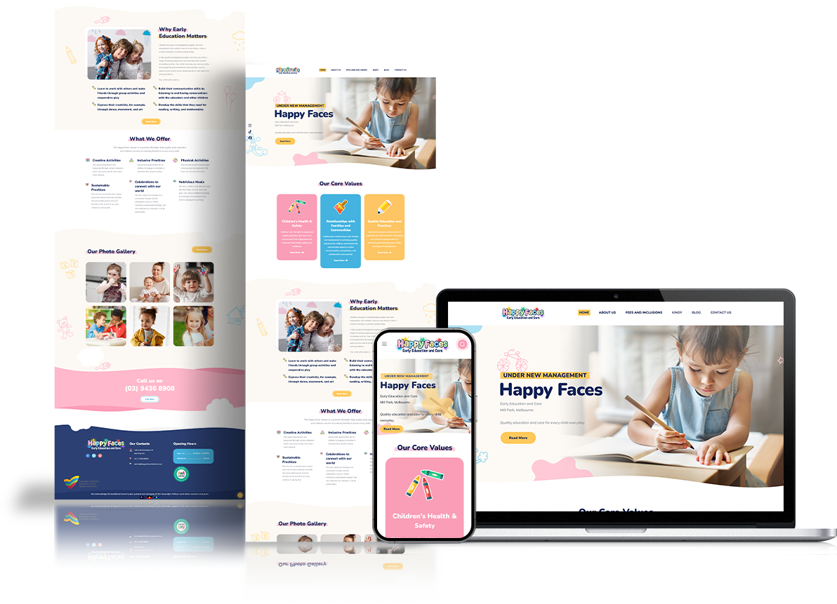 Website design mockup for Happy Faces Childcare displayed on desktop and mobile devices