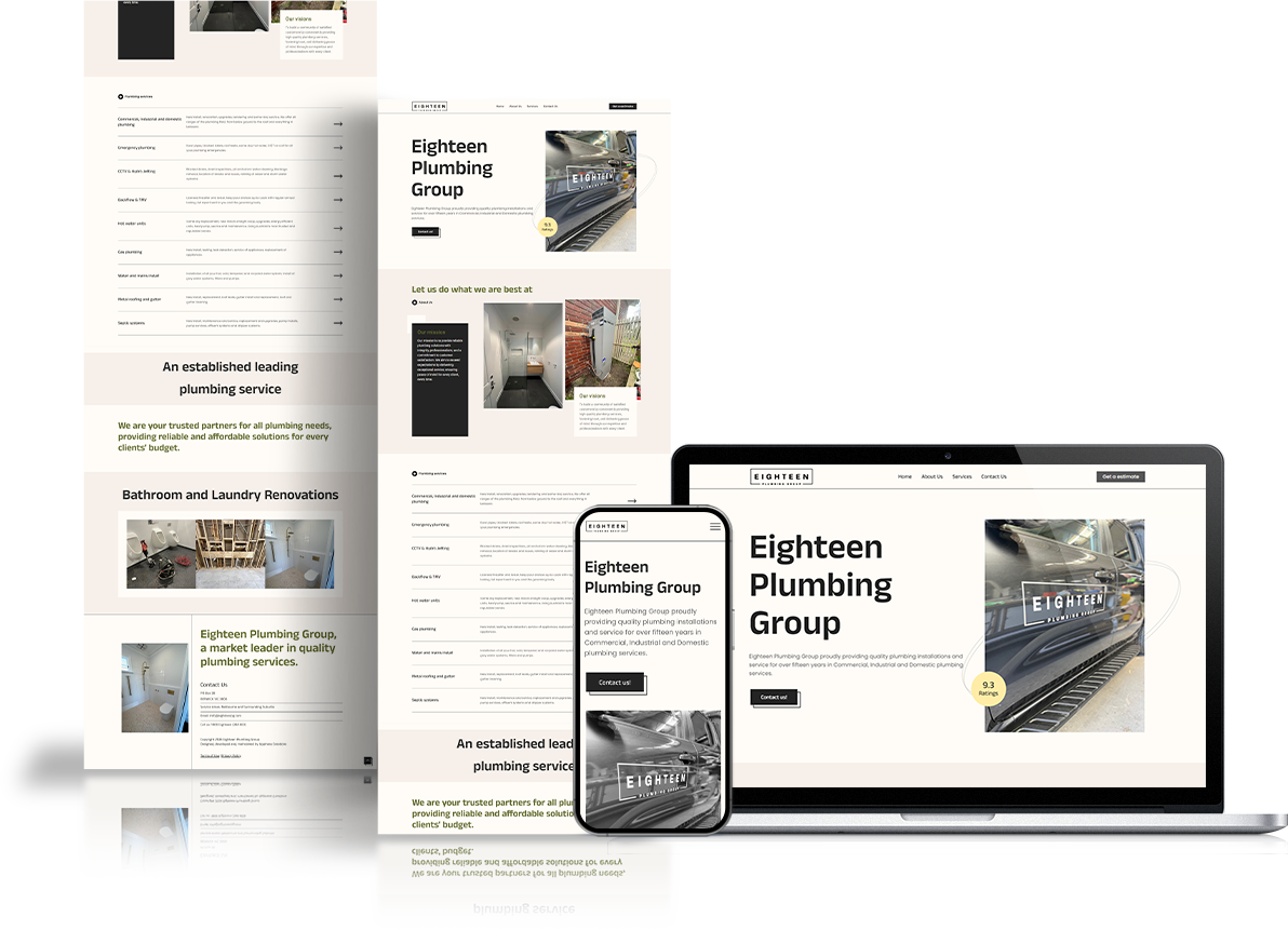 Website design mockup for Eighteen Plumbing Group displayed on desktop and mobile devices