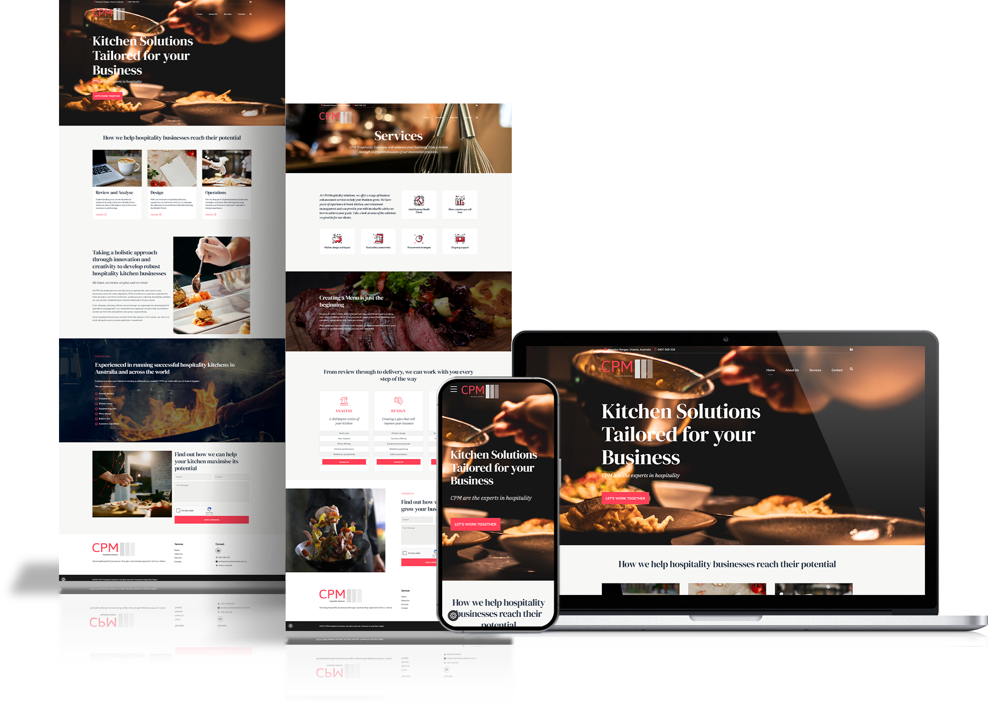 Website design mockup for CPM Hospitality Solutions displayed on desktop and mobile devices