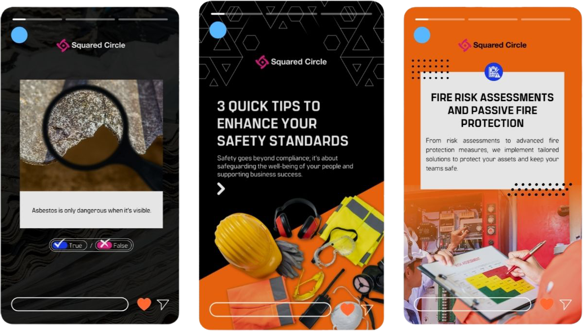 Social media marketing portfolio for Squared Circle featuring Instagram story designs for fire risk assessments and safety standards.