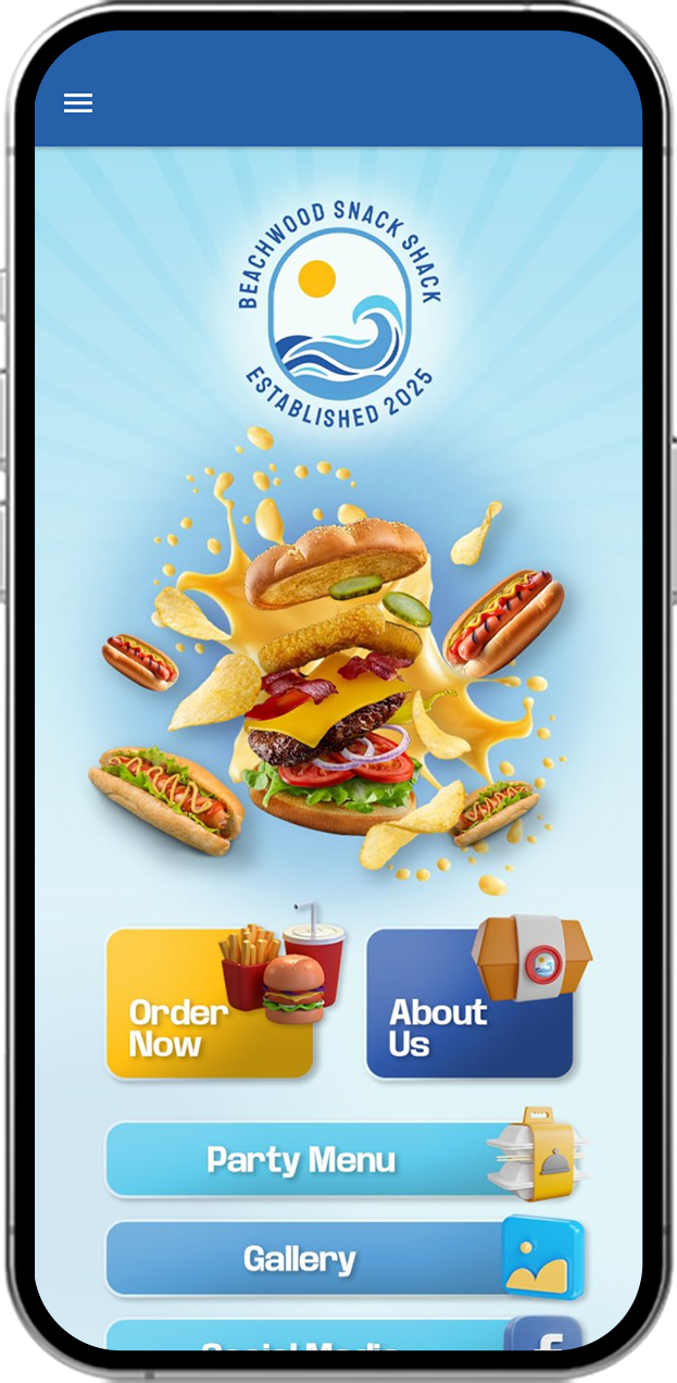 Mobile app home screen design for Beachwood Snack Shack featuring food graphics and ordering options