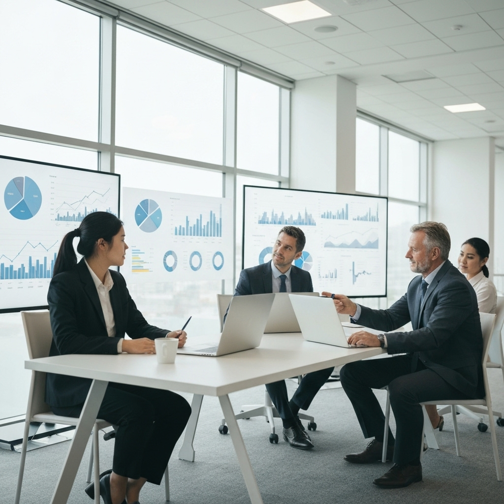 Business team reviewing analytics dashboards and performance reports during a strategy meeting