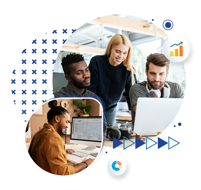 A team of professionals looking at a laptop screen and a person analyzing a wireframe