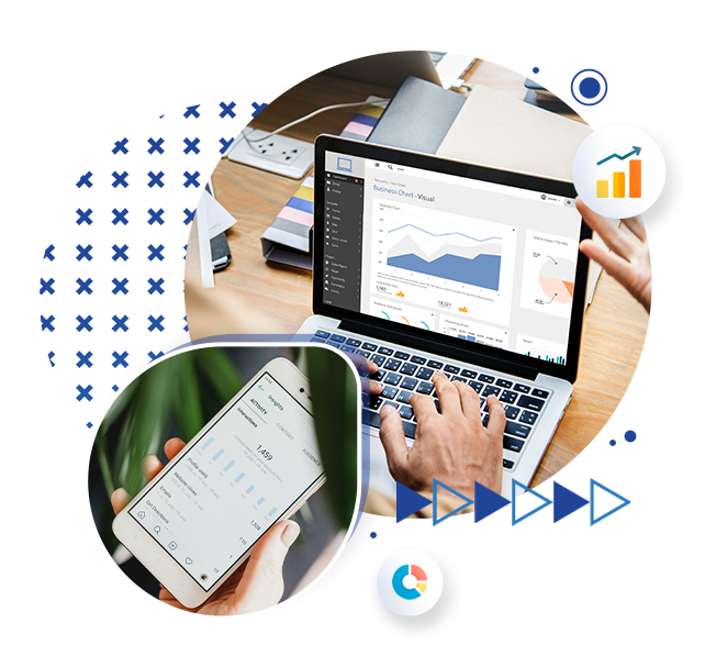 Laptop displaying business analytics dashboard with charts alongside a smartphone showing performance metrics