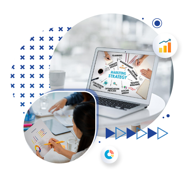 Laptop displaying a marketing strategy diagram alongside a person reviewing analytics charts and performance data