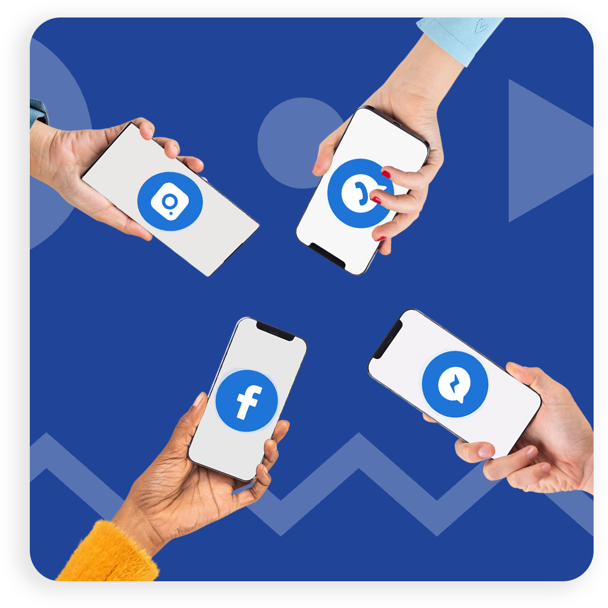 Four people holding smartphones displaying social media app icons on a blue background